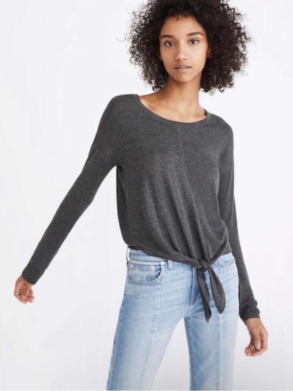Madewell Dark Grey Long Sleeve Tie-Front Top - Size Large